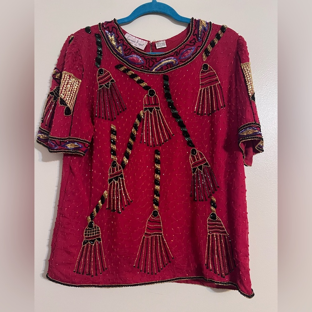 Laurence Kazar Silk Hand Beaded Embroidered Top | Burgundy | Vintage Boho
